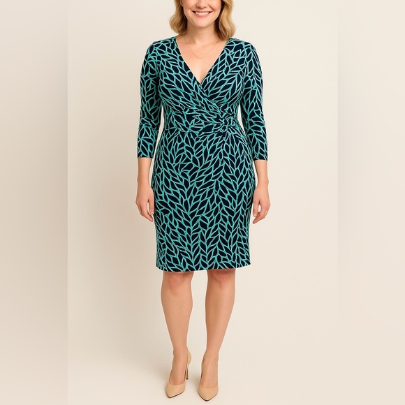 American Living Ruched Faux Wrap Dress – Blue Leaf Print, 3/4 Sleeve, Size 4 - Picture 1 of 5